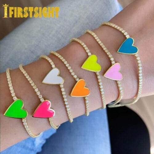 2021 New Gold Color Neon Enamel Heart Bracelet 2mm CZ Tennis Chain Rainbow Hearts Charm Bangle For Lover Women Fashion Jewelry