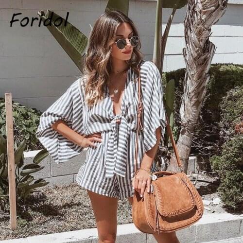 Foridol Bowknot Striped White Loose Romper Playsuits Batwing Sleeve Wide Leg Casual V Neck Overalls for Women Pockets