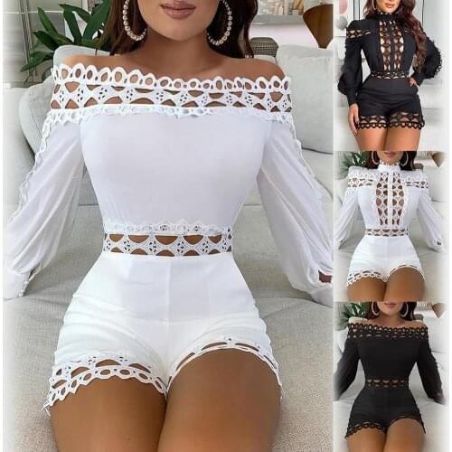 S-XL sexy top jumpsuit Women Sexy Off Shoulder/Mock Neck Hollow Out Lace Patchwork Jumpsuit Playsuit Sport Fitness Jumpsuit Wome