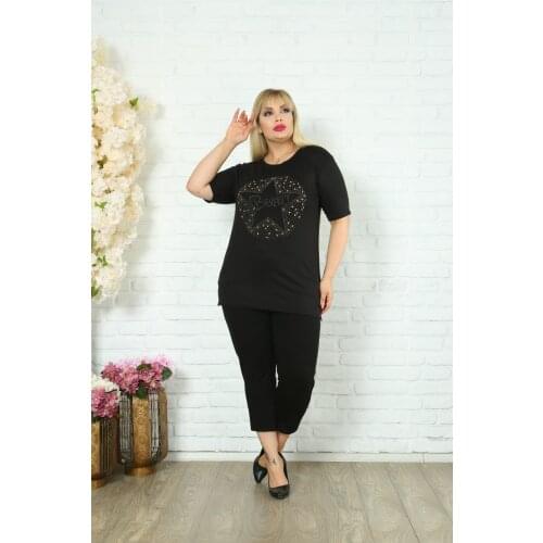 Divas Plus Size Women Summer Fashion Two Pieces Metal Star Bead Embroidered Casual Viscon Capri Pants Short Sleeve Blouses Sets