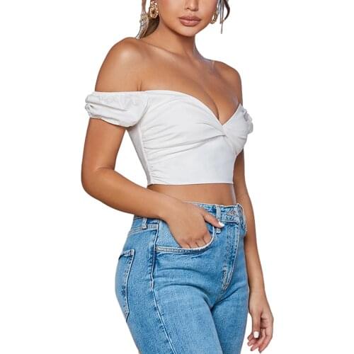 Womens Off shoulder Crop Tops Short Sleeve Pleated Chest Solid Color T-shirt for Female Casual Tops