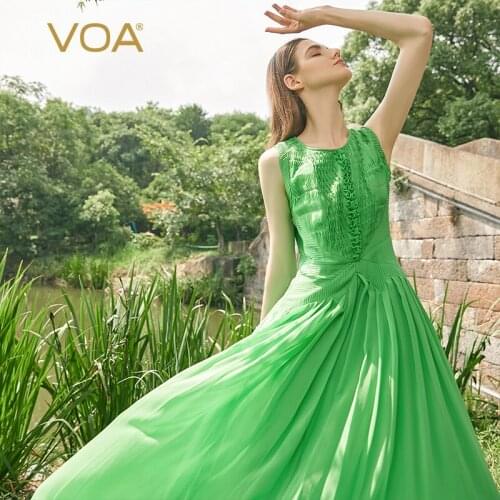 VOA Silk Georgette Round Collar Sleeveless Green Tucker Pleat Placket Diamond Check Design Bohemian Long Dress for Women AE771