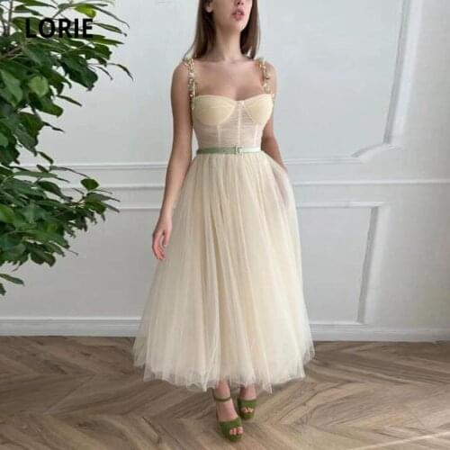LORIE Vintage Prom Gowns Light Champagne with Green Belt Tulle A-Line Arabic Evening Dress Wedding Party Dress for Graduation