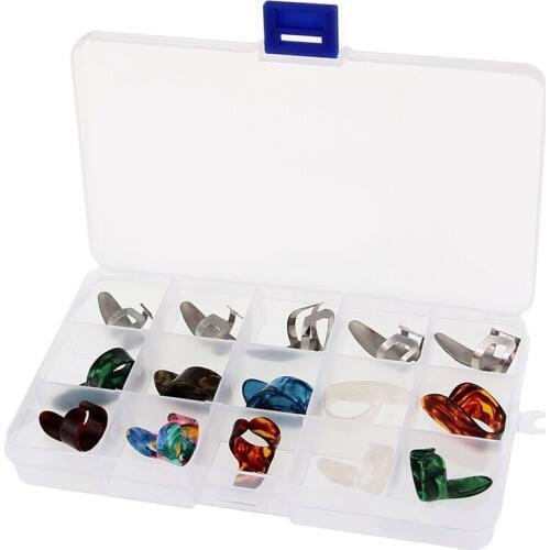 15Pcs/Set Celluloid Metal Finger Thumb Guitar Picks Plectrums 5 Thumb + 10 Finger with Case Cover for Acoustic Electric Bass Gui