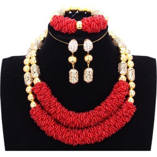 African Jewelry Sets 2 Layers Dubai Jewelry Plated Gold Rose Jewelry Sets For Bride Women Red Indian Bridal Jewelry Sets Fashion