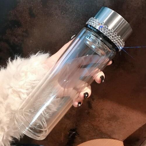 Diamond Transparent Glass Water Bottle Double Layer 360ml Office Tea Bottle with Stainless Steel Filter Cute Water Cup Tea Cup