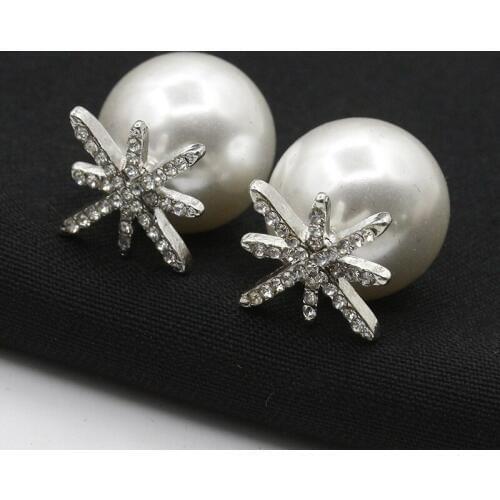Shiny Bling Crystal Snowflake Shape piercing Big Round Sleek Simulated Pearl Ball Women Stud Earrings