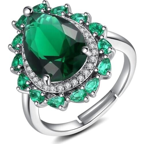 Big Green Waterdrop-shaped Crystal Zircon Rings for Women Fashion Elegant Valentines Day Gift Wedding Engagement Jewelry R79