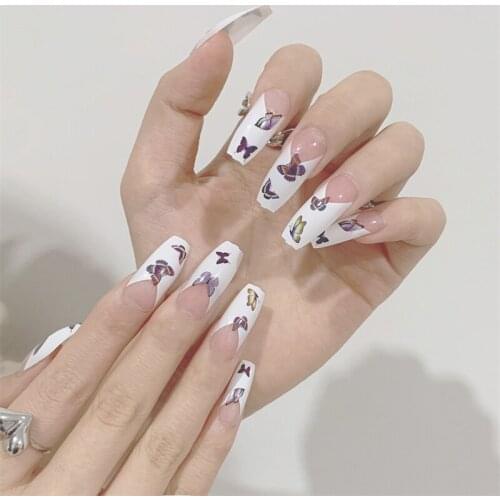 Colored Butterfly Long Ballerina French Fake Nails with Designs Stick on False Nails JP1013