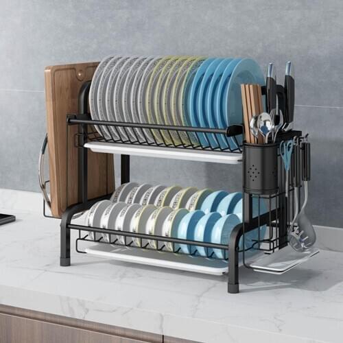 Black Heavy Duty 2 Tier Holder Basket Plated Iron Home Washing Great Kitchen Sink Dish Drainer Drying Rack Organizer