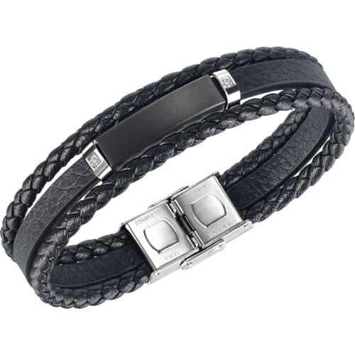 Cyue European Men Boy Punk Braided Leather Bracelet Black Plant Charm With CZ Stainless Steel Button Wristband Jewelry ZYLB0189