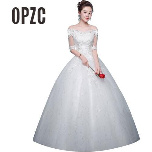 Hot Sale Korean Lace Up Ball Gown Cheap Wedding Dress 2018 New Fashion Lace Half Sleeve Boat Neck off the shoulder Bridal Dress