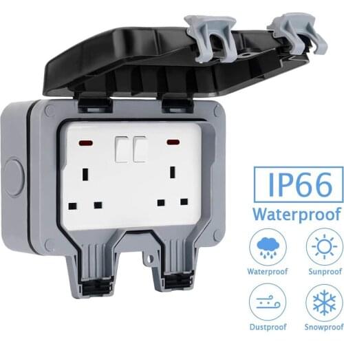 IP66 Weatherproof Waterproof Outdoor Wall Power Socket 16A Double EU Standard Electrical Outlet Grounded AC 110~250V