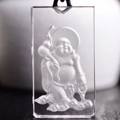 Fine White Natural Crystal Pendant Hand Carved Laughing Buddha Pendant Sweater Chain Necklace Lucky for Women Men Cuboid Jewelry