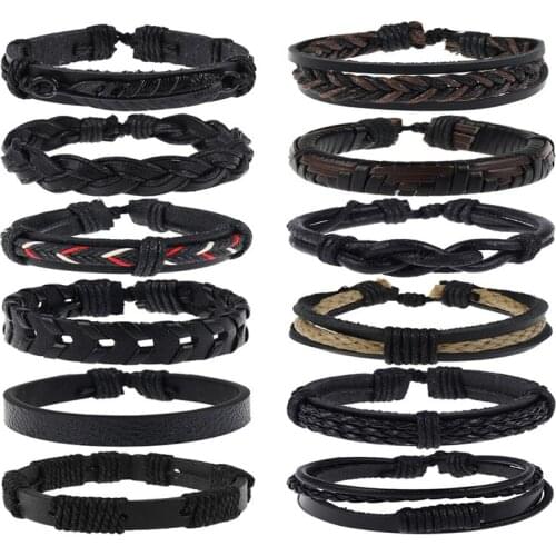 Jessingshow 12 Piece/Set Punk Leather Handmade Multilayer Bracelet Bangle Vintage Men Women Leather Rope Chain Jewelry