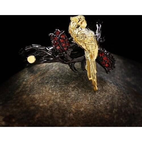 CHARLINLIOL Female 925 Sterling Silver Ruby Rings Vintage Plant Parrot Animal Rings for Women Retro Black Gold Party Jewelry