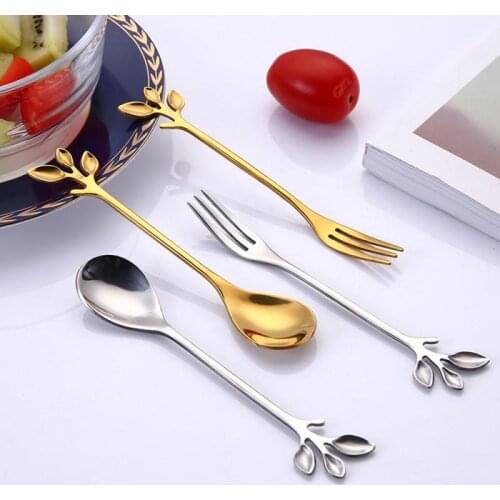 Stainless Steel Leaves Coffee Spoon Creative Dessert Cake Tea Spoon Fruit Fork Stirring Spoon Couple Spoon Fork Bar Tableware