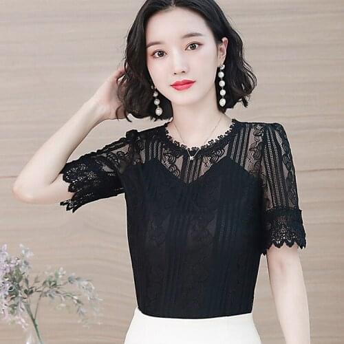 M-5XL Women Lace Chiffon Tops Tees Summer 2021 New Fashion Short-sleeve Hollow-out Pullovers Breathable T-shirt Female