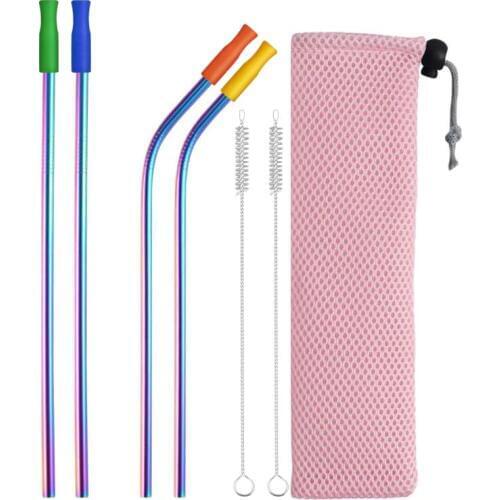 Reusable Stainless Steel Straw Drinking Straw Bent Straight Colorful Straws Tubes Eco Friendly Portable Straws With Brush Bag