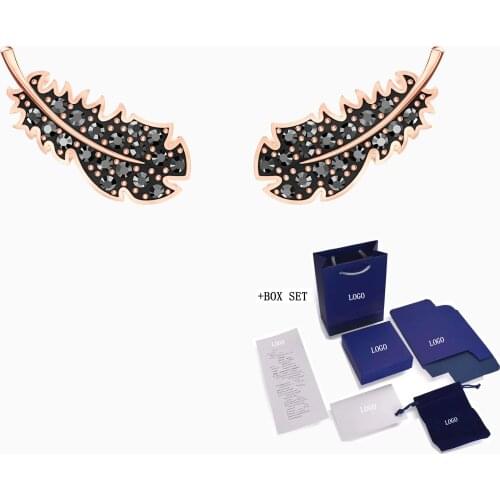 Fashion Jewelry Swa New Naughty Hollow Earrings Feather-shaped Black Exquisite Zircon Rose Gold Earrings Female Luxury Roma