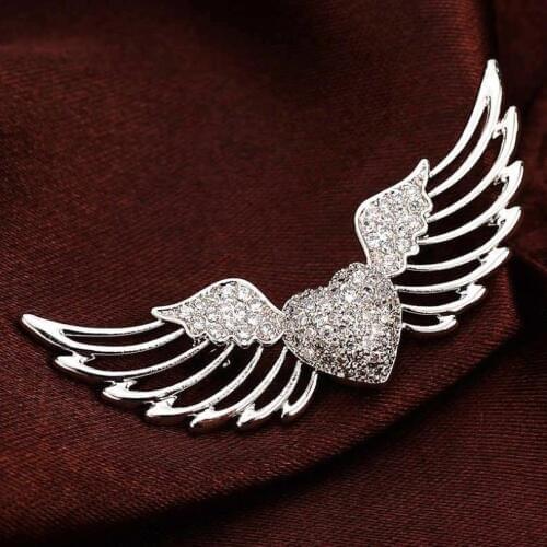 Fashion Angel Wings Full Crystal Heart Brooch Pin Women Mens Wedding Suit Dress Jewelry Rhinestone Brooches Gift Box