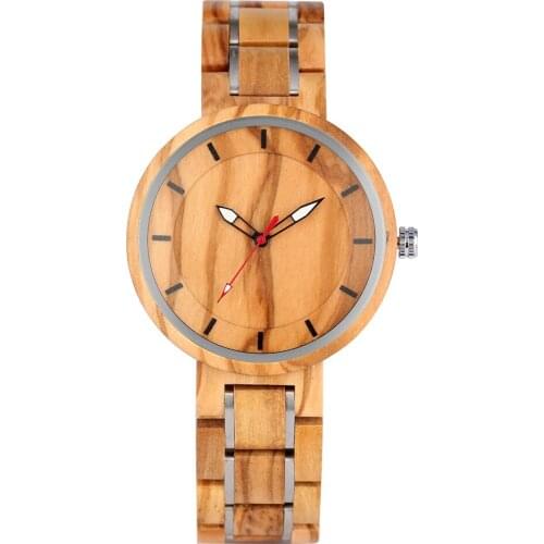 Mens Watch Quartz Wooden Wristwatch Luminous Pointers Stable Folding Clasp with Safety Wooden Strap