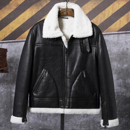 2019 New Mens Black B3 Shearling Jacket Lapel Short Leather Jacket Slim Fur Coat Mens Sheepskin Coat
