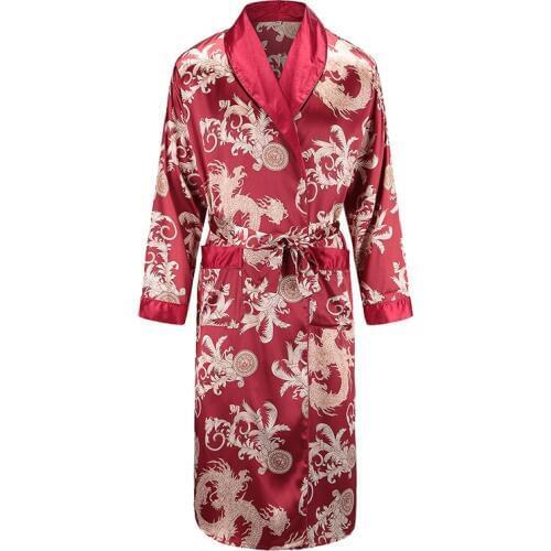 New Long Sleeve Robe Satin Sleepwear Print Dragon Phoenix Kimono Bathrobe Gown Mens Casual Home Clothes Loose Pajamas L-XXL