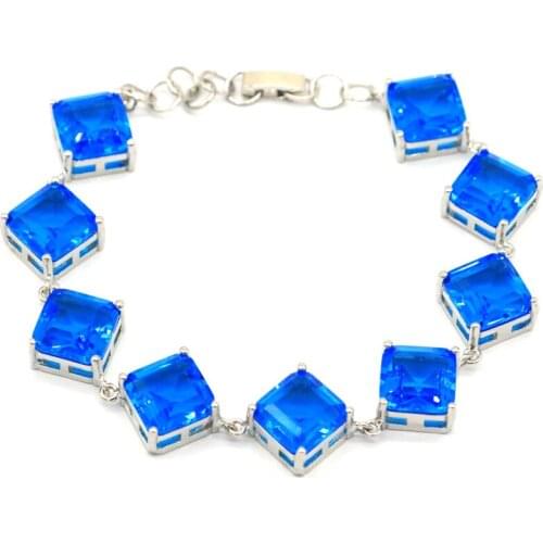 60x30mm Romantic Flowers Created 20g Rich Blue Aquamarine CZ For Women Daily Wear Silver Cuff Bangle Bracelet 7.5inch