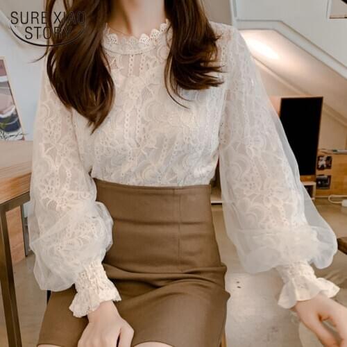 Fashion Button Transparent White Shirt Female New Women Mesh Sheer Blouse See-through Lantern Long Sleeve Blouse Blusas 10456