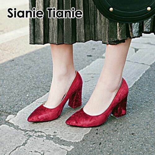 Sianie Tianie velour velvet pointed toe sexy red navy woman pumps block high heels stilettos fashion women stilettos size 33-46