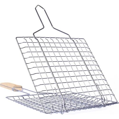 Camping Grill Basket Folding Dual Fish Hamburger Clip Clamp BBQ Outdoor Picnic Roasting Net Mesh Tool