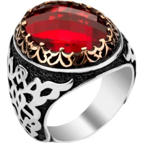 Vintage Real Pure 925 Sterling Silver Ring For Man Red And Black Zircon Stone Patterned Embroidered Handmade Turkish Jewelry