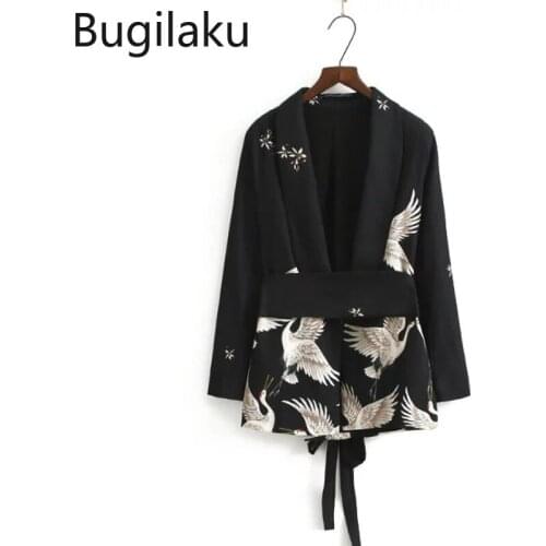 Bugilaku Printed Vintage Blazer Slim Waist Lace Up Long Sleeve Jackets Notched Collar Casual High Street Outerwear Japan Style