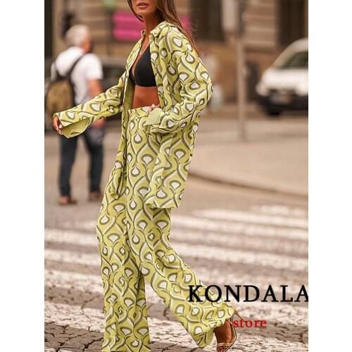 Za 2021 Vintage Green Geometric Women Suits Oversized Long Shirts Women and High Waist Wide Leg Long Pants Casual Women Sets