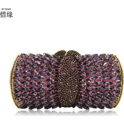 Women Luxury Crystal evening Bag Bow Knot Style Wedding Clutches With Metal Shoulder Chain bag purple/green/gold/silver/blue