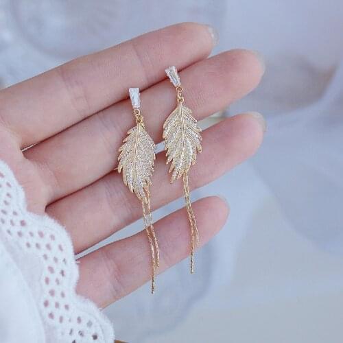 14K real gold plating exquisite copper inlaid zircon long leaf earrings elegant and sweet womens Korean jewelry earrings