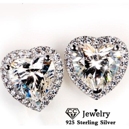 S925 Stud Earrings For Women Sterling Silver Heart Cubic Zirconia Fine Jewelry Wedding Engagement Bridal Brincos Bijoux CCE663
