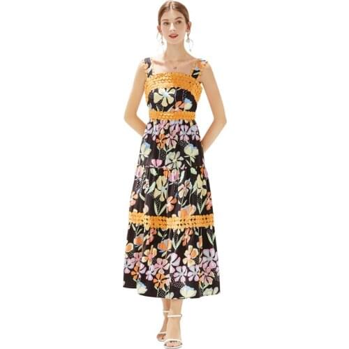 Summer Runway Floral Print Party Dress Womens Square Collar Bow Spaghetti Strap High Waist Stitching Lace Long Dress k3122