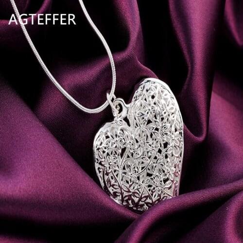 AGTEFFER 925 Sterling Silver 18 Inch Carved Heart Pendant Snake Chain Necklace For Women Fashion Wedding Party Charm Jewelry