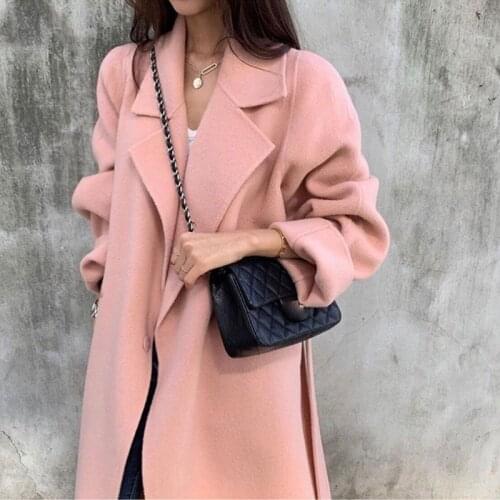 2021 Autumn Winter Woolen Coat Female Mid-Long Loose New Korean Temperament Womens Fashion Casual Outerwear Wool Coats Pink