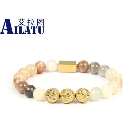 Ailatu New Gold Beads Natural Sunstone & Crazy Onyx Stone Energy Logo Bracelets Pulseira Masculina Jewelry For Men