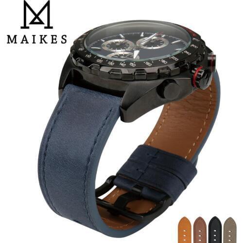 MAIKES Watch Accessories Genuine Leather Watch Strap 24mm 22mm Vintage Blue Watch Band Wrist Watch Bracelets Watchband For Omega