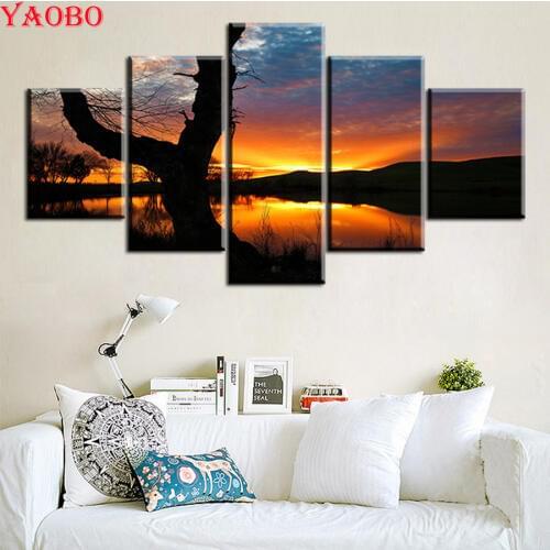 5D DIY Diamond Painting Diamond Embroidery 5 Pcs/Set Sunset Tree Landscape Picture Of Rhinestone Decorative 3D Room Wallpaper