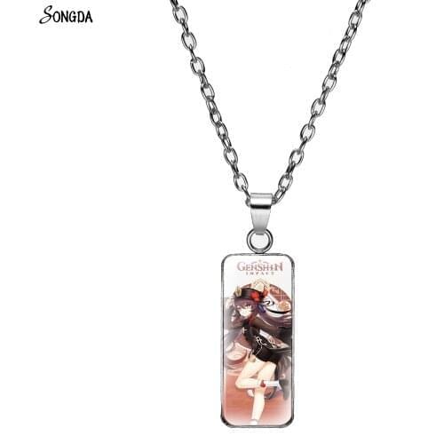 Anime Genshin Impact Game Cosplay Prop Necklace Glass Dome Cartoon Figures Zhongli Diluc Diluc Rectangular Pendant Jewelry Gifts