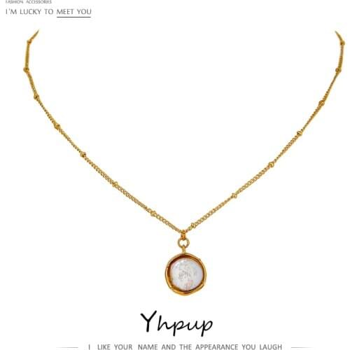 Yhpup 2021 Stainless Steel Exquisite Natural Pearl Pendant Necklace for Women High Quality 18 K Chain Choker Necklace Jewelry