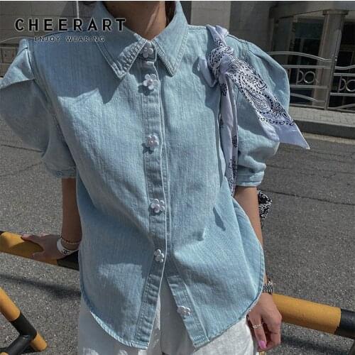 CHEERART Puff Sleeve Denim Shirts 2021 Fashion Women Top And Blouse Blue Button Up Short Sleeve Jean Shirts Korean Fashion