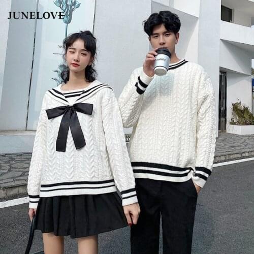 JuneLove Preppy Style Couple Sweater Men Women Fashion Sweater Lolita Girl Sweet Navy Collar Sweater Couples Harajuku Sweater