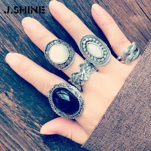 JShine Ancient Vintage Boho Jewelry Rings Set Tibetan Silver Metal Ring 5pcs/Set Big Rings for Women Female Costume Jewelry