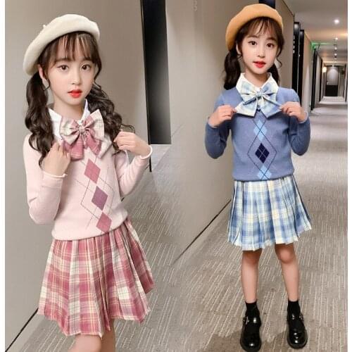 Baby Girls Clothing Sets Autumn Shirt Collar Sweater + Pleated Skirt 2020 New Kids Clothes Suit Outfits for Girls 3-12 Years